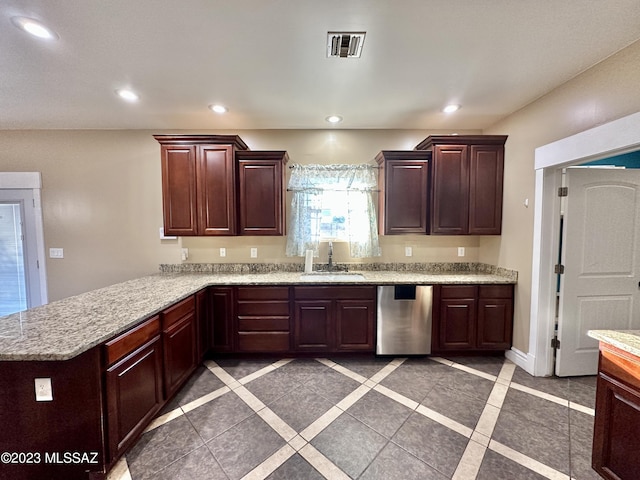 508 N Eagle Meadow Loop, Thatcher, AZ 85552 - kitchen featuring stainless steel dishwasher, recessed lighting, a peninsula, dark brown cabinets, and light stone countertops
