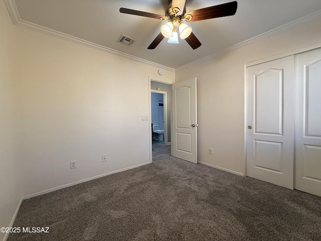 2898 W Simplicity Dr, Tucson, AZ 85741 - unfurnished bedroom with crown molding, carpet flooring, a closet, and ceiling fan