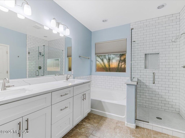 3872 W Sonoma Ranch Pl, Marana, AZ 85658 - full bath with a shower stall, a bath, double vanity, and tile patterned floors