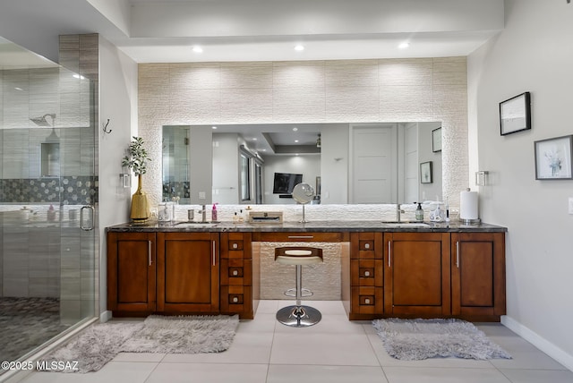 379 Camino A Las Casitas, Rio Rico, AZ 85648 - full bathroom featuring vanity, a stall shower, tile patterned flooring, and recessed lighting
