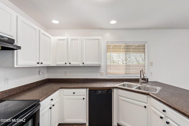 3969 E Agate Knoll Dr, Tucson, AZ 85756 - kitchen with white cabinetry, dark countertops, under cabinet range hood, black appliances, and recessed lighting