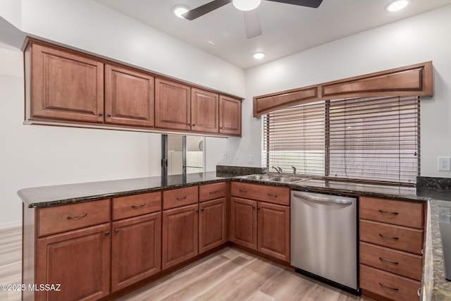 64161 E Santa Catalina Ct, Saddlebrooke, AZ 85739 - kitchen featuring dishwasher, a ceiling fan, light wood-style floors, brown cabinets, and recessed lighting