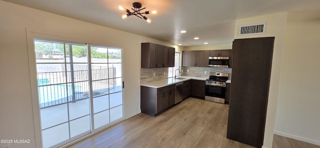 2215 E Bantam Rd, Tucson, AZ 85706 - kitchen featuring stainless steel appliances, decorative backsplash, a chandelier, dark brown cabinetry, and light wood-style flooring
