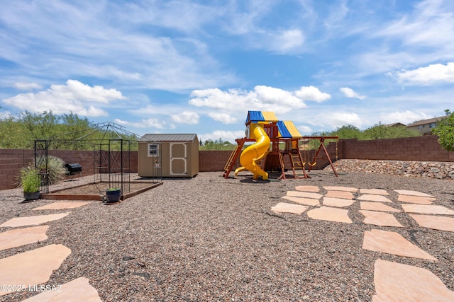 977 S Limestone St, Benson, AZ 85602 - view of play area featuring a fenced backyard, a gazebo, and a storage unit
