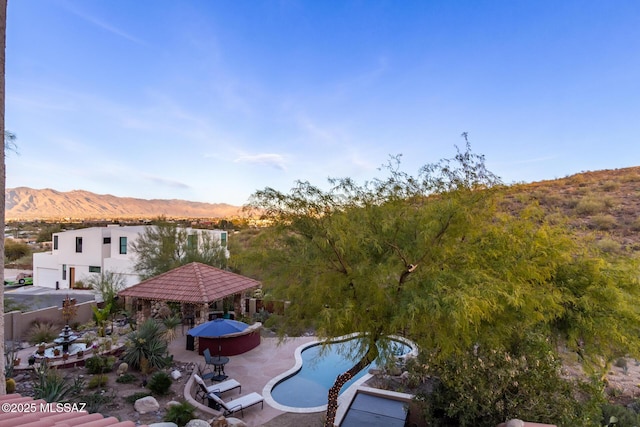 467 S Stephanie Loop, Tucson, AZ 85745 - outdoor pool featuring a gazebo, a mountain view, a patio area, and a fenced backyard
