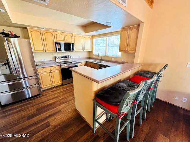10487 E Turkey Creek Rd, Pearce, AZ 85625 - kitchen with appliances with stainless steel finishes, light brown cabinetry, dark wood-style floors, and a raised ceiling