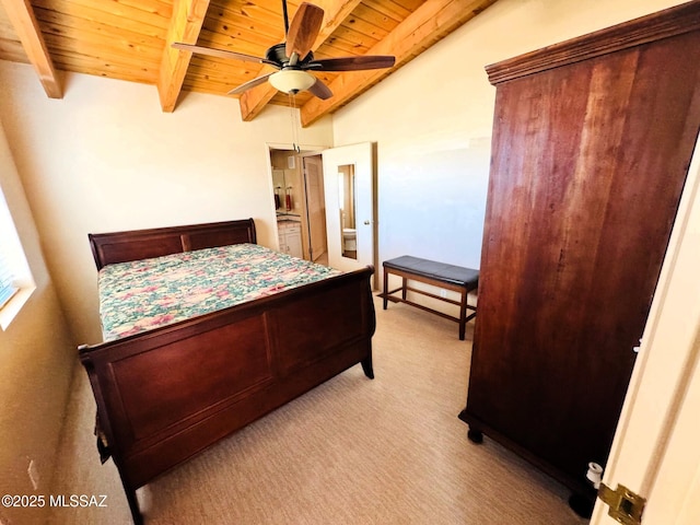 10487 E Turkey Creek Rd, Pearce, AZ 85625 - bedroom featuring a wooden ceiling with exposed beams, light colored carpet, and ensuite bath