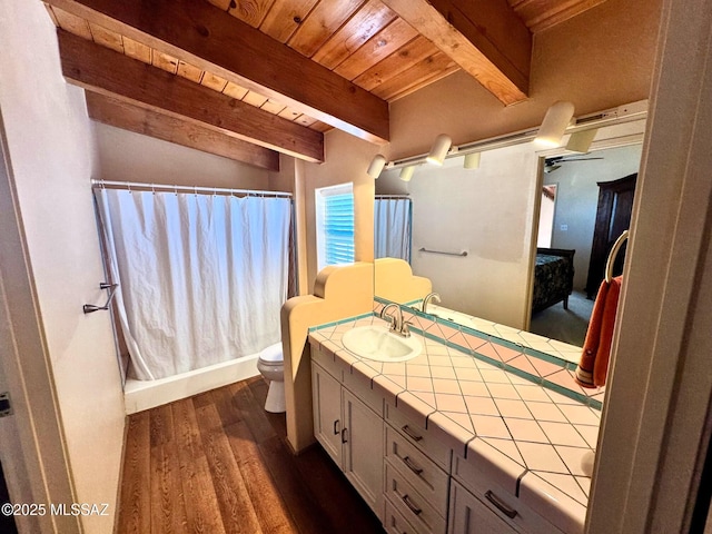 10487 E Turkey Creek Rd, Pearce, AZ 85625 - full bath featuring wood finished floors, vanity, a wooden ceiling with exposed beams, and a shower with shower curtain