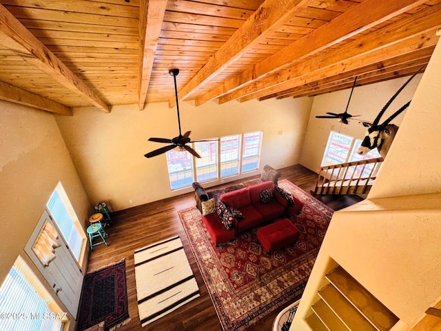 10487 E Turkey Creek Rd, Pearce, AZ 85625 - living room with ceiling fan, wood finished floors, and a wood ceiling with exposed beams
