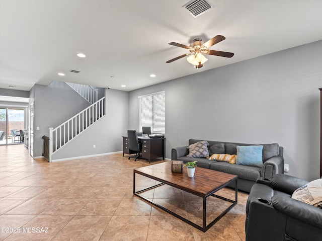 11471 E Squash Blossom Loop, Tucson, AZ 85747 - living area featuring a ceiling fan, stairway, a desk, light tile patterned floors, and recessed lighting