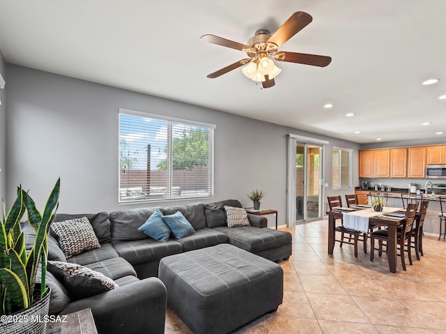 11471 E Squash Blossom Loop, Tucson, AZ 85747 - living area with recessed lighting, light tile patterned flooring, and a ceiling fan