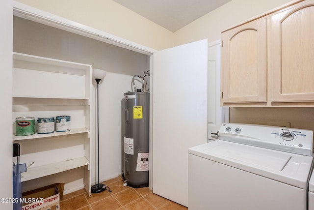 2366 N Camino Mateo, Tucson, AZ 85745 - washroom featuring washer / dryer, cabinet space, water heater, and light tile patterned floors