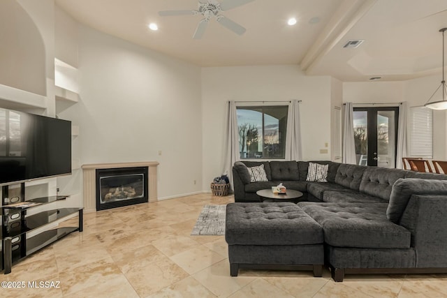 6859 N Placita Chula Vis, Tucson, AZ 85704 - living room featuring a ceiling fan, a glass covered fireplace, and recessed lighting