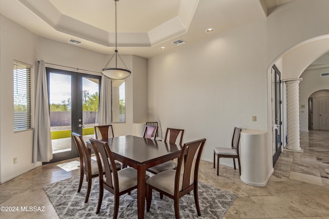 6859 N Placita Chula Vis, Tucson, AZ 85704 - dining space with arched walkways, french doors, ornate columns, healthy amount of natural light, and recessed lighting