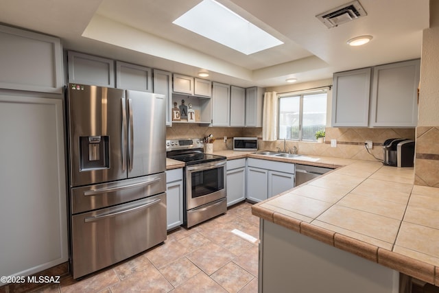 1120 N La Canoa, Green Valley, AZ 85614 - kitchen with appliances with stainless steel finishes, a tray ceiling, gray cabinetry, a skylight, and recessed lighting