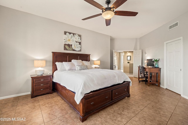 6265 N Jochums Dr, Tucson, AZ 85718 - bedroom featuring a desk, light tile patterned flooring, and a ceiling fan