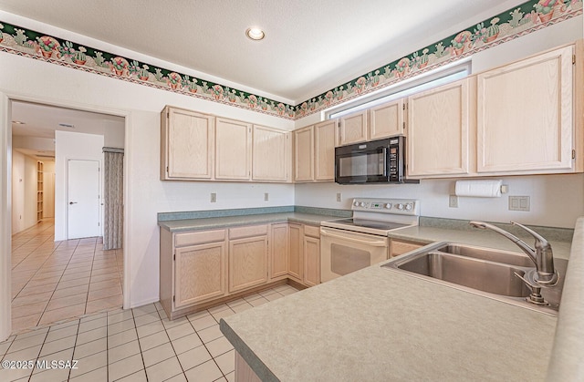 4823 S View Ridge Dr, Green Valley, AZ 85622 - kitchen featuring white electric range oven, black microwave, light brown cabinetry, light tile patterned floors, and recessed lighting