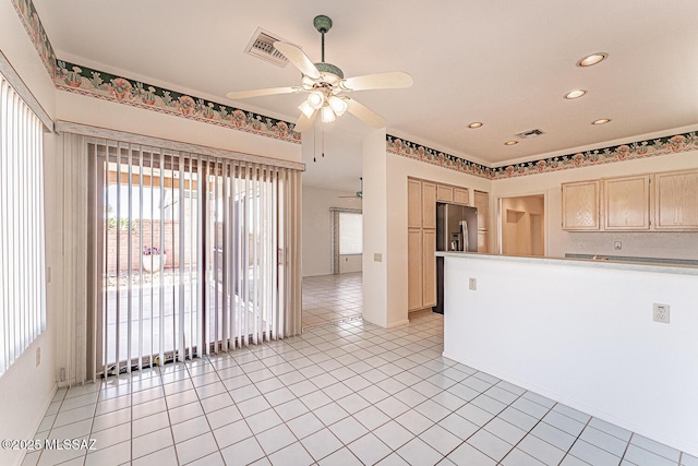 4823 S View Ridge Dr, Green Valley, AZ 85622 - kitchen with ceiling fan, plenty of natural light, stainless steel fridge, light countertops, and recessed lighting