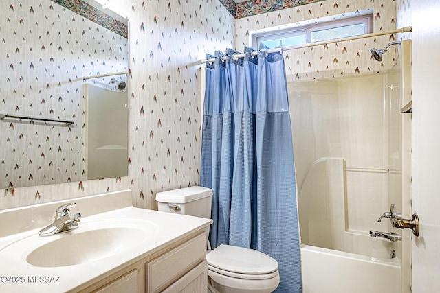 4823 S View Ridge Dr, Green Valley, AZ 85622 - bathroom featuring wallpapered walls, shower / bath combination with curtain, and vanity