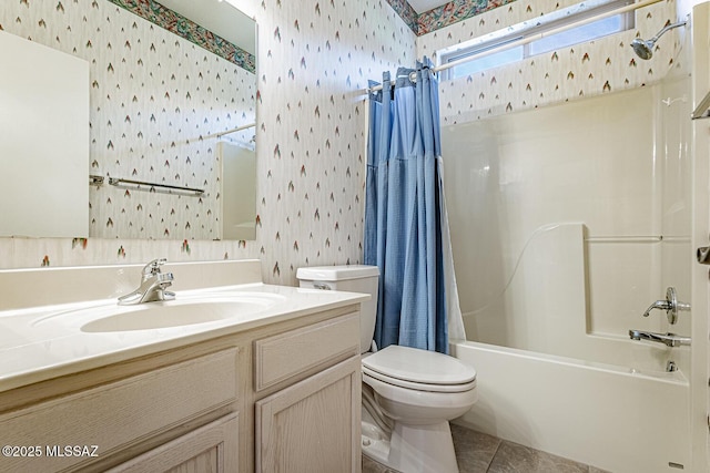 4823 S View Ridge Dr, Green Valley, AZ 85622 - bathroom featuring wallpapered walls, shower / bathtub combination with curtain, vanity, and tile patterned floors