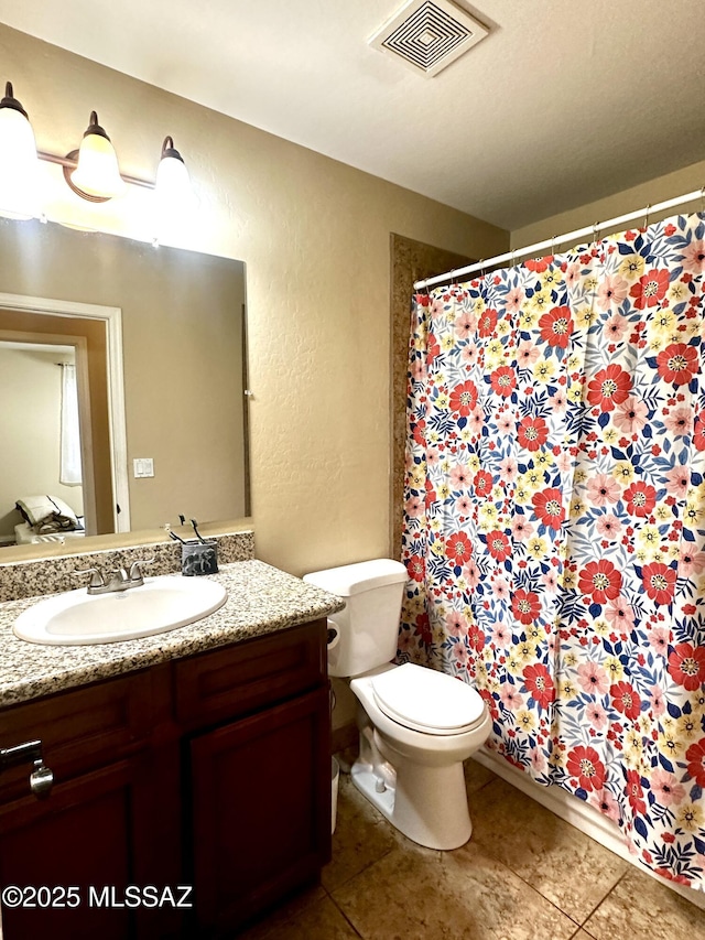 545 W Keisha Ln, Safford, AZ 85546 - bathroom with vanity, a textured wall, tile patterned floors, and a shower with curtain