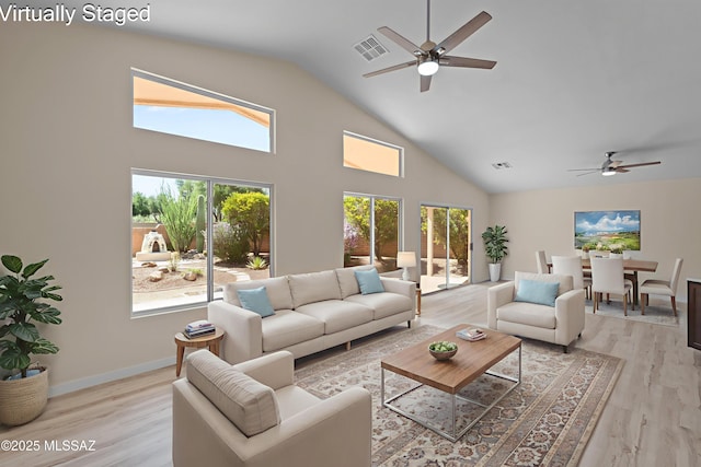 1993 E Desert Lark Pass, Green Valley, AZ 85614 - living room featuring a ceiling fan, high vaulted ceiling, and light wood-style flooring