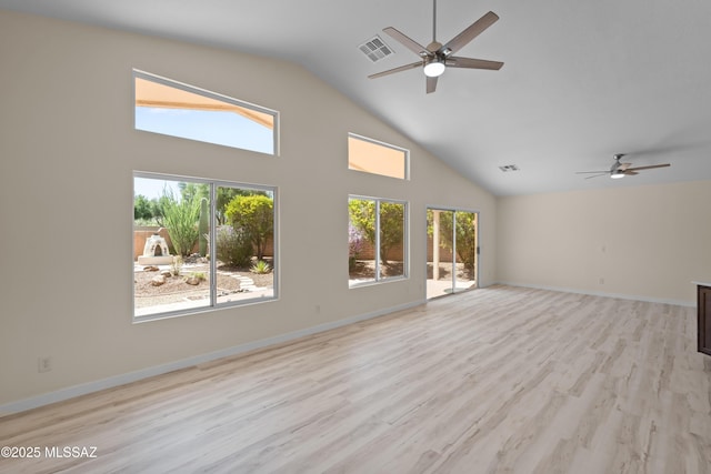 1993 E Desert Lark Pass, Green Valley, AZ 85614 - unfurnished living room with a ceiling fan, high vaulted ceiling, and light wood-style flooring