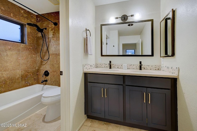 6530 N Finisterra, Tucson, AZ 85750 - bathroom with tile patterned flooring, double vanity, bathing tub / shower combination, and a textured wall