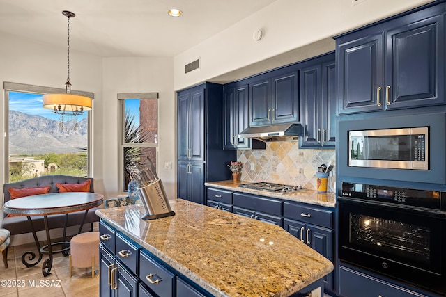 1511 E Placita Meseta Dorada, Oro Valley, AZ 85755 - kitchen featuring appliances with stainless steel finishes, blue cabinetry, under cabinet range hood, backsplash, and recessed lighting