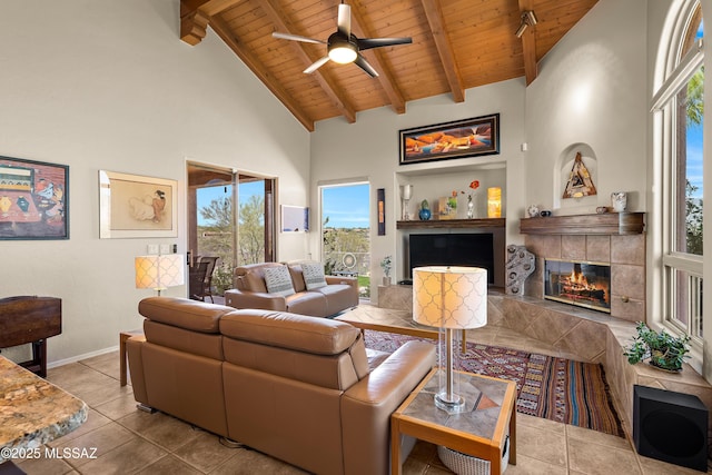 1511 E Placita Meseta Dorada, Oro Valley, AZ 85755 - living area with a wooden ceiling with exposed beams, a tiled fireplace, plenty of natural light, high vaulted ceiling, and tile patterned floors