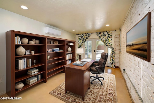 2421 E Drachman St, Tucson, AZ 85719 - office featuring a wall unit AC, french doors, brick wall, and recessed lighting