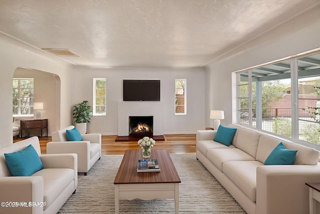 2421 E Drachman St, Tucson, AZ 85719 - living room featuring arched walkways, healthy amount of natural light, and wood finished floors