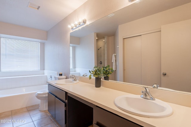 3556 W Avenida Del Mar, Tucson, AZ 85746 - bathroom featuring a bath, double vanity, tile patterned flooring, and a shower