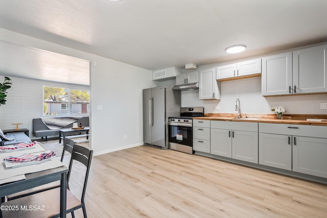 3872 S Evergreen Ave, Tucson, AZ 85730 - kitchen featuring appliances with stainless steel finishes, wooden counters, light wood-style floors, under cabinet range hood, and gray cabinets
