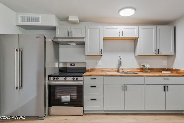 3872 S Evergreen Ave, Tucson, AZ 85730 - kitchen with appliances with stainless steel finishes, under cabinet range hood, butcher block countertops, and light wood-type flooring
