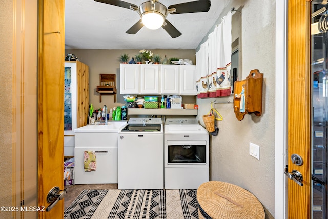 1939 S San Vincent Dr, Green Valley, AZ 85614 - laundry room featuring washer and clothes dryer, a textured wall, a ceiling fan, tile patterned flooring, and cabinet space