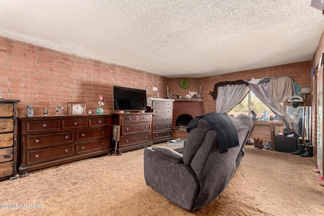 10901 N Camino De Oeste, Tucson, AZ 85742 - living area featuring light carpet, brick wall, and a textured ceiling
