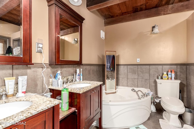 10901 N Camino De Oeste, Tucson, AZ 85742 - full bathroom with a wooden ceiling with exposed beams, vanity, tile walls, a garden tub, and a wainscoted wall