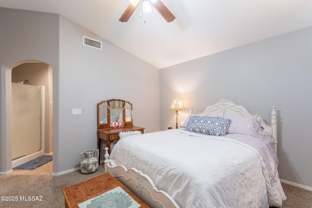 9908 E Shadow Glen Ct, Tucson, AZ 85748 - bedroom with arched walkways, light carpet, vaulted ceiling, and ceiling fan
