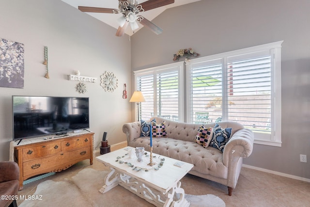 9908 E Shadow Glen Ct, Tucson, AZ 85748 - living room featuring ceiling fan, high vaulted ceiling, and light tile patterned floors