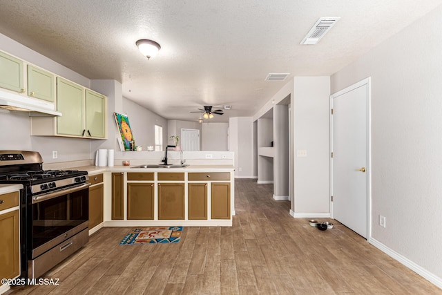 5482 S Monrovia Ave, Tucson, AZ 85706 - kitchen featuring stainless steel gas range oven, a peninsula, under cabinet range hood, green cabinets, and light countertops