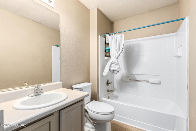 5482 S Monrovia Ave, Tucson, AZ 85706 - bathroom featuring shower / bath combination with curtain, vanity, a textured wall, and a textured ceiling