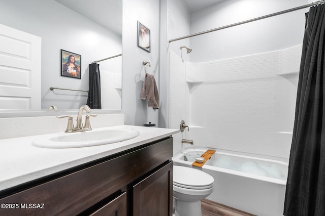 13331 N Carbine Ct, Marana, AZ 85653 - bathroom featuring shower / tub combo with curtain, vanity, and wood finished floors