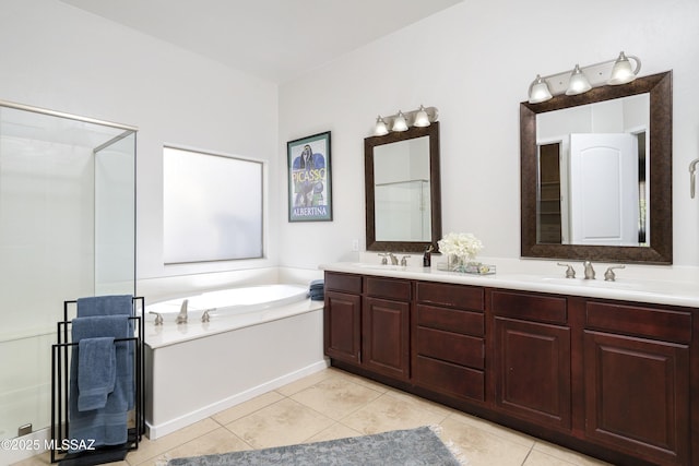 3923 S Camino Ensenada Del Pantano, Tucson, AZ 85730 - bathroom featuring double vanity, a bath, tile patterned flooring, and a shower