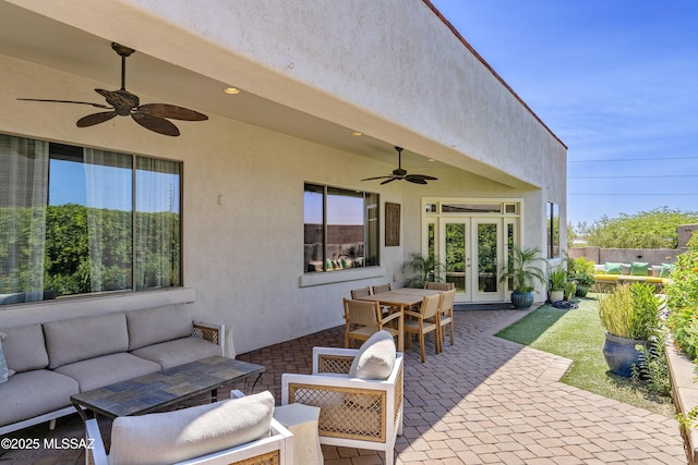 3923 S Camino Ensenada Del Pantano, Tucson, AZ 85730 - view of patio with a ceiling fan, an outdoor living space, french doors, and outdoor dining area
