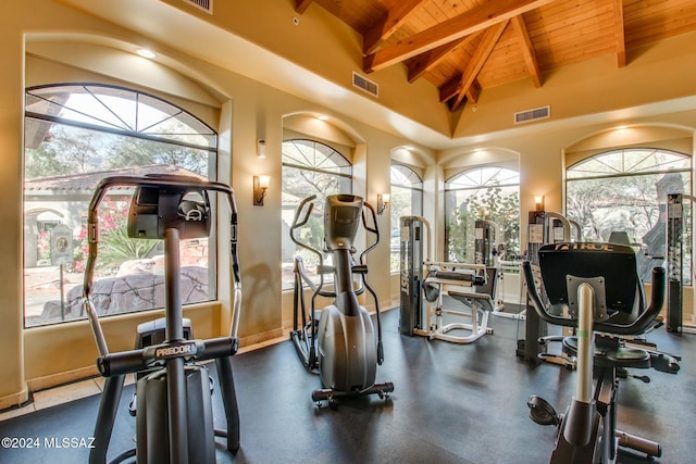 5751 N Kolb Rd Unit 39202, Tucson, AZ 85750 - gym featuring a wood ceiling with exposed beams and high vaulted ceiling