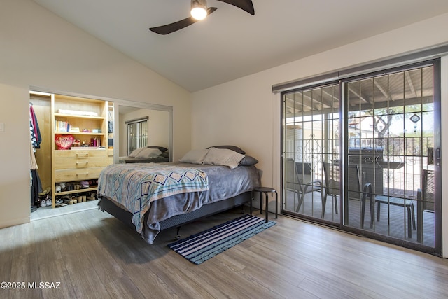 2856 W Goldfield Dr, Tucson, AZ 85745 - bedroom with access to outside, vaulted ceiling, wood finished floors, and ceiling fan