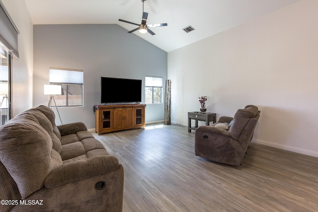 2856 W Goldfield Dr, Tucson, AZ 85745 - living room with high vaulted ceiling, a ceiling fan, healthy amount of natural light, and wood finished floors