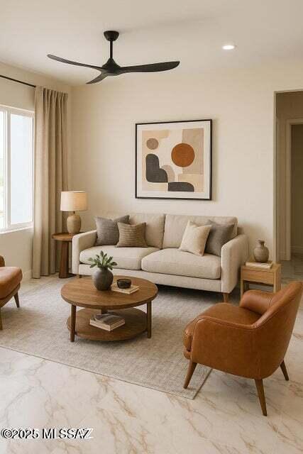 1886 Via Francia, Rio Rico, AZ 85648 - living room with marble finish floors, a ceiling fan, and recessed lighting