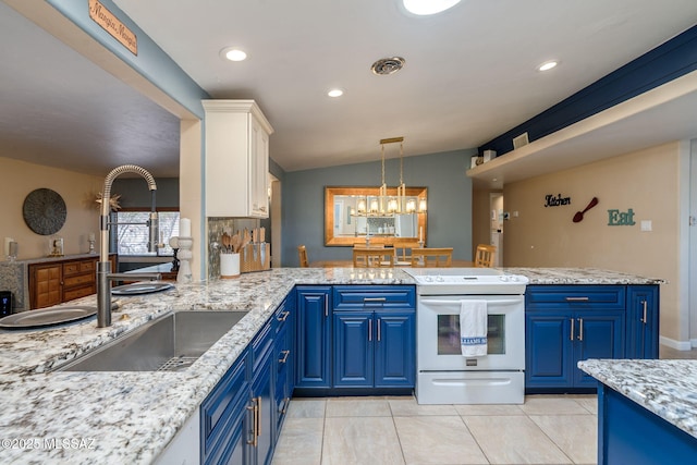 6951 E Hayne Pl, Tucson, AZ 85710 - kitchen featuring white electric range oven, blue cabinetry, a peninsula, light tile patterned flooring, and hanging light fixtures